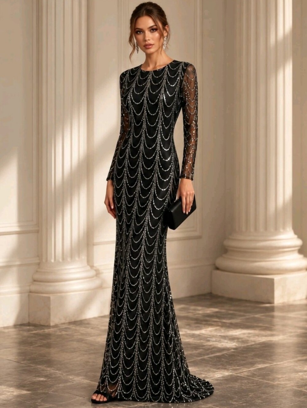 Black Silver Sequin Art Deco Evening Dress Size Small Gothic Glam Dark Romantic